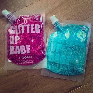 BRITE. Pink and blue hair, face and body glitter